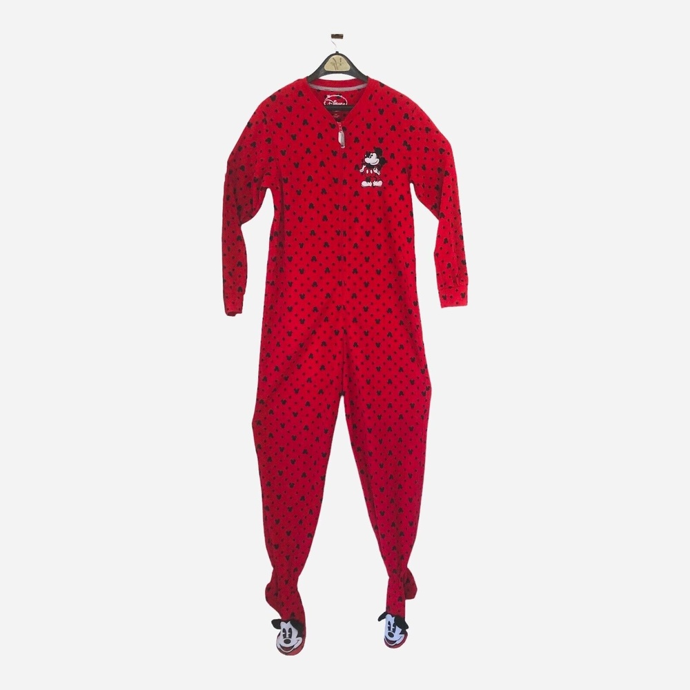 Disney Mickey Mouse One Piece Footed Pajamas Zip Red Embroidered Women Medium